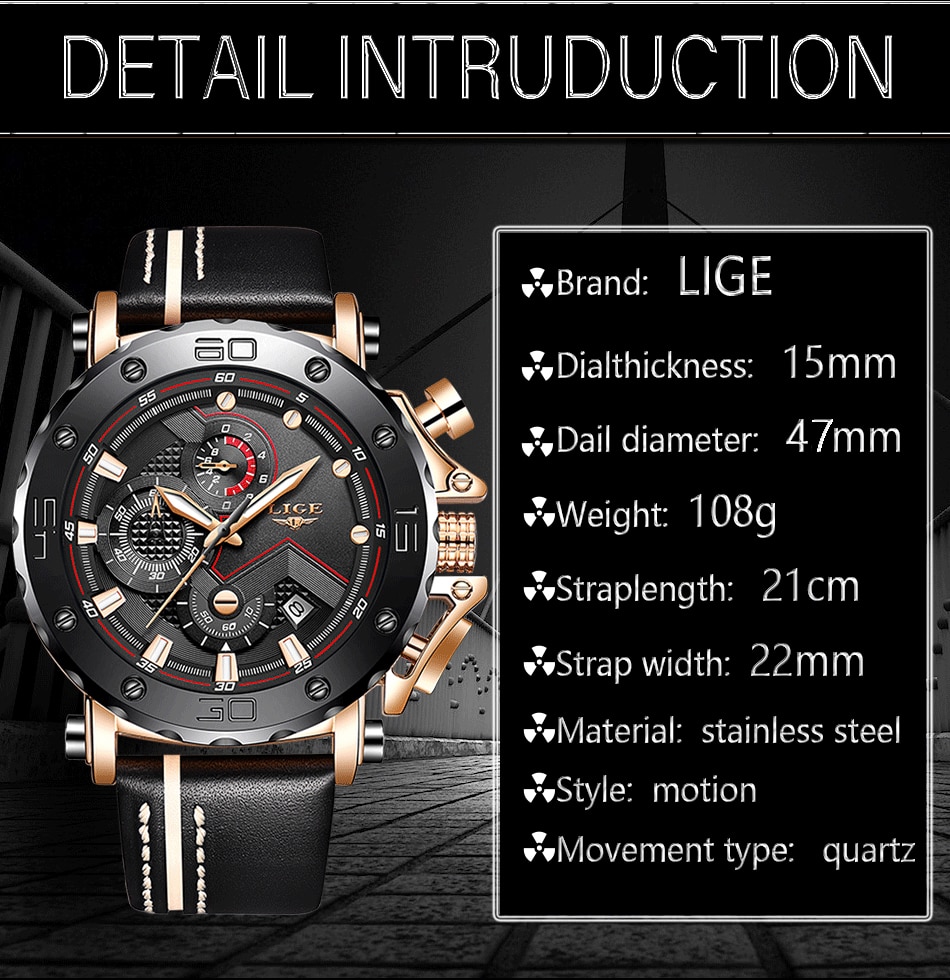 2020LIGE New Fashion Mens Watches Top Brand Luxury Big Dial Military Quartz Watch Leather Waterproof Sport Chronograph Watch Men
