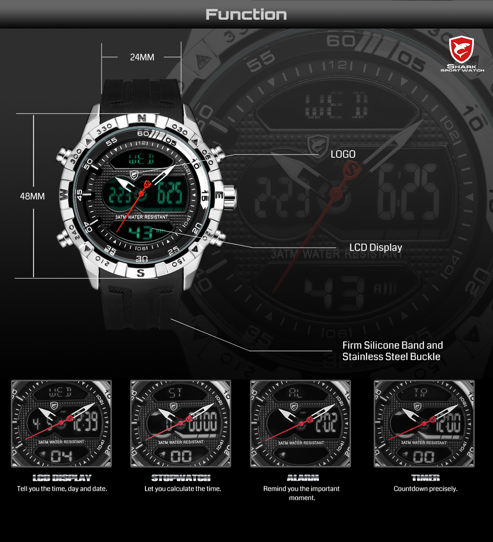Hooktooth SHARK Sport Watch for Men Double Movement Chronograph Alarm LCD Male Clock 3ATM Water Resistant Black Stopwatch /SH596